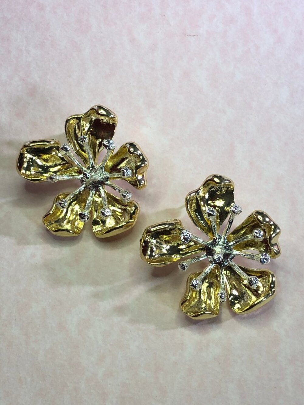 Gold Silver Flower Earrings Big Stud 3D Tropical Summer Vacation 1.2" Signed